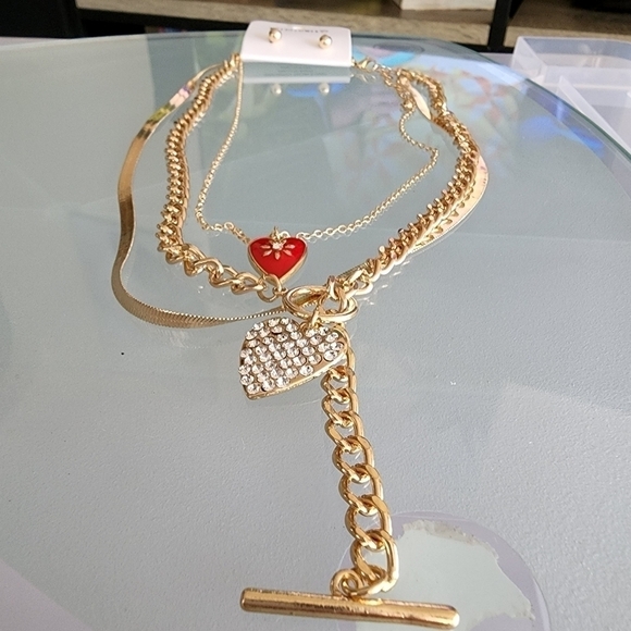 NEW Heart Pendant rhinestone Triple Layered Necklace - Picture 4 of 9